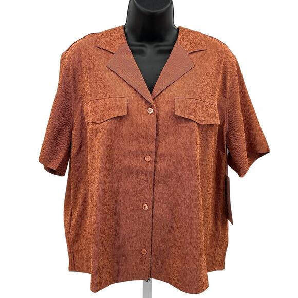 Athleta Echo Top WMNS M Orange Brown Striped Button Up Short Sleeve Breathable - Picture 1 of 10